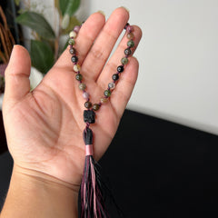 Watermelon Tourmaline Hand Mala 6mm Purple Cord