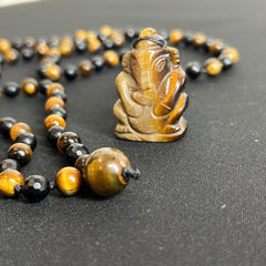 Tigers Eye & Onyx Ganesha Hand Knotted Mala 8mm | 108 Bead | Japa Mala | Prayer Beads | Meditation Necklace | Mantra and Reiki Infused