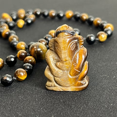 Tigers Eye & Onyx Ganesha Hand Knotted Mala 8mm | 108 Bead | Japa Mala | Prayer Beads | Meditation Necklace | Mantra and Reiki Infused
