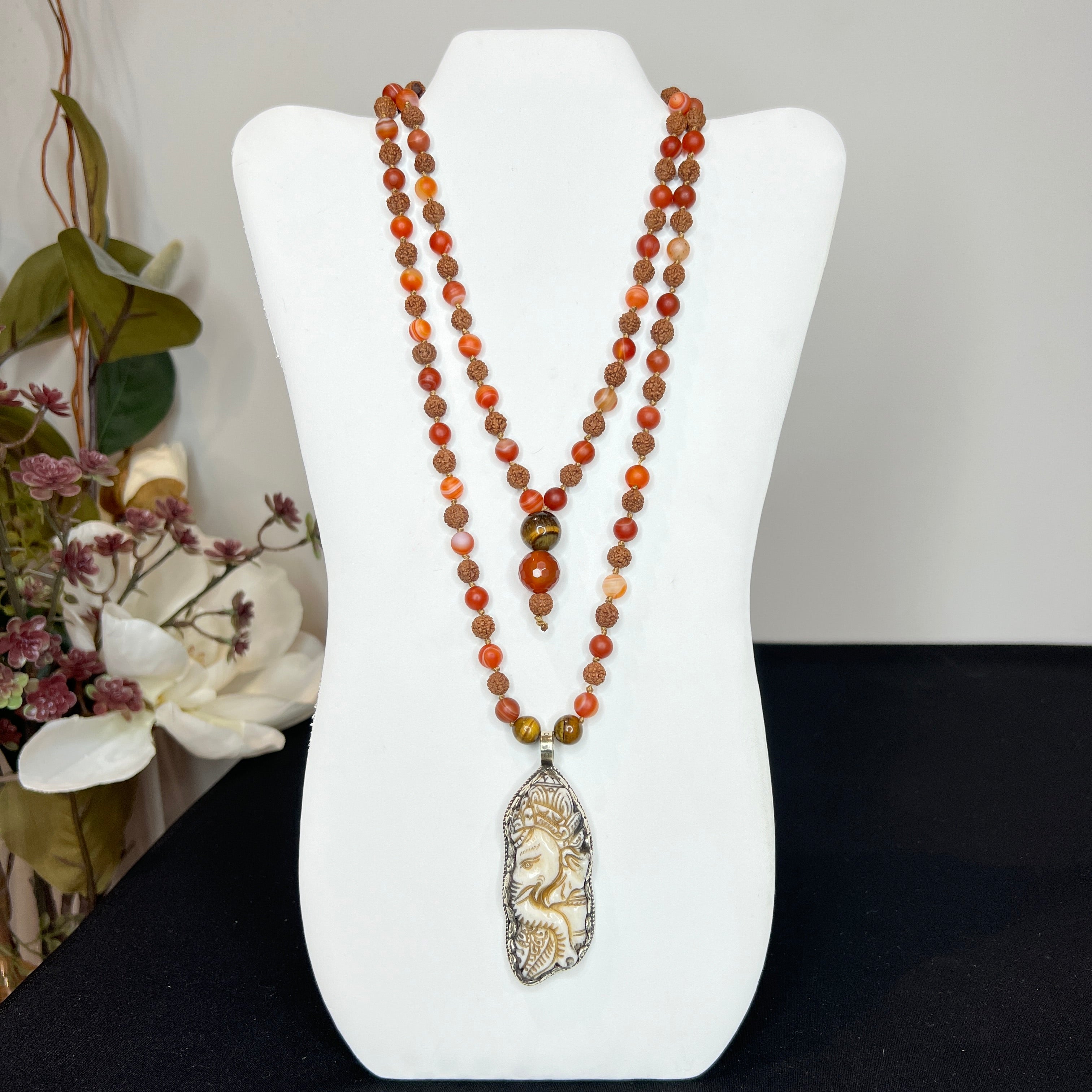 Carnelian, Tigers Eye & Rudraksha Ganesha Hand Knotted Mala 6mm | 108 Bead | Mantra | Sound Healing | Reiki Infused