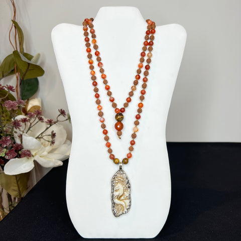 Carnelian, Tigers Eye & Rudraksha Ganesha Hand Knotted Mala 6mm | 108 Bead | Mantra | Sound Healing | Reiki Infused