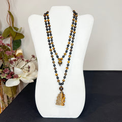 Tigers Eye & Onyx Ganesha Hand Knotted Mala 8mm | 108 Bead | Japa Mala | Prayer Beads | Meditation Necklace | Mantra and Reiki Infused
