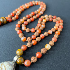 Carnelian, Tigers Eye & Rudraksha Ganesha Hand Knotted Mala 6mm | 108 Bead | Mantra | Sound Healing | Reiki Infused