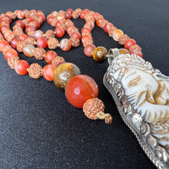 Carnelian, Tigers Eye & Rudraksha Ganesha Hand Knotted Mala 6mm | 108 Bead | Mantra | Sound Healing | Reiki Infused