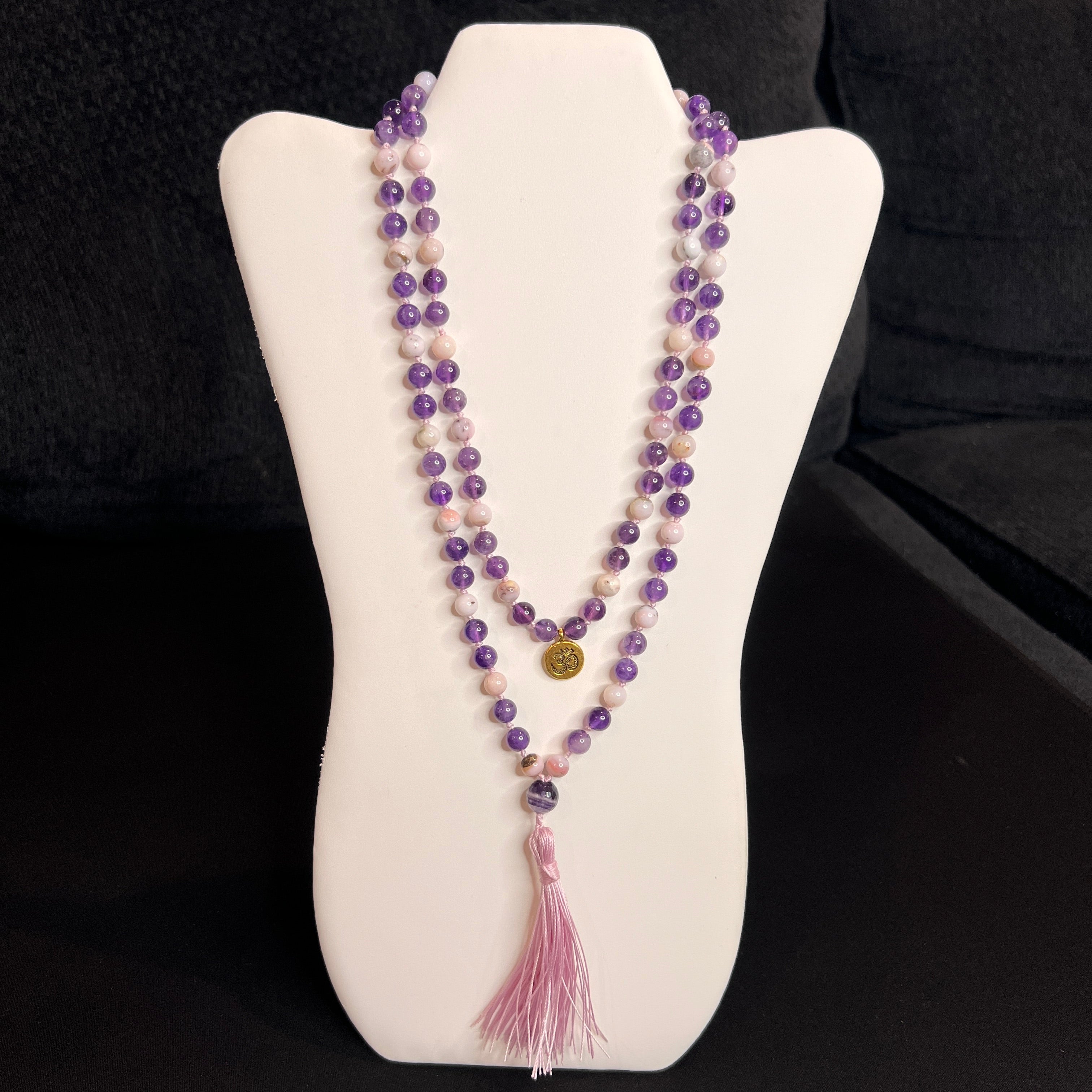 Amethyst & Pink Opal Mala 8mm Pink Cord | 108 Bead | Hand Knotted | Mantra | Sound Healing | Reiki Infused