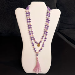 Amethyst & Pink Opal Mala 8mm Pink Cord | 108 Bead | Hand Knotted | Mantra | Sound Healing | Reiki Infused
