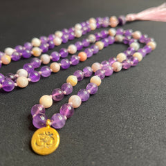 Amethyst & Pink Opal Mala 8mm Pink Cord | 108 Bead | Hand Knotted | Mantra | Sound Healing | Reiki Infused