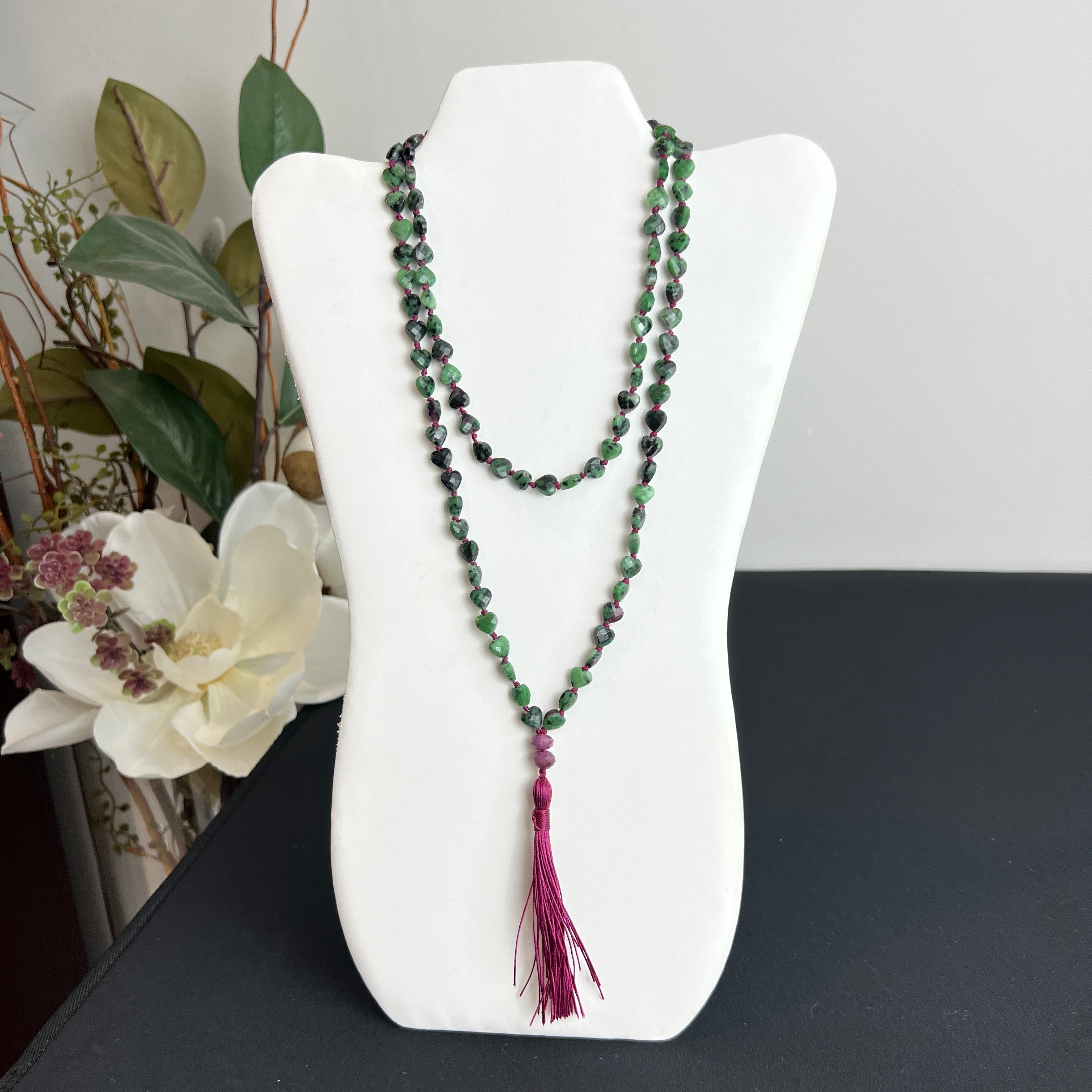 Faceted Heart Shaped Zoisite & Ruby Heart Mala 8mm
