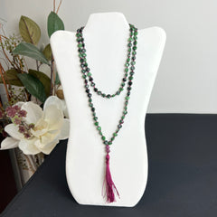 Faceted Heart Shaped Zoisite & Ruby Heart Mala 8mm