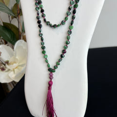 Faceted Heart Shaped Zoisite & Ruby Heart Mala 8mm