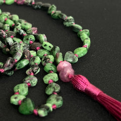 Faceted Heart Shaped Zoisite & Ruby Heart Mala 8mm