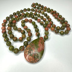 Unakite Hand Knotted Japa Mala, Prayer Beads, Meditation Beads. 8mm 108 Beads. Mantra, Sound Healing & Reiki Infused