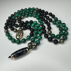 Malachite, Black Onyx & Pyrite Hand Knotted Mala 8mm | 108 Bead | Japa Mala | Prayer Beads | Meditation Necklace| Mantra and Reiki Infused