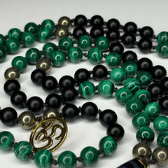 Malachite, Black Onyx & Pyrite Hand Knotted Mala 8mm | 108 Bead | Japa Mala | Prayer Beads | Meditation Necklace| Mantra and Reiki Infused