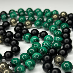 Malachite, Black Onyx & Pyrite Hand Knotted Mala 8mm | 108 Bead | Japa Mala | Prayer Beads | Meditation Necklace| Mantra and Reiki Infused