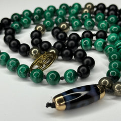 Malachite, Black Onyx & Pyrite Hand Knotted Mala 8mm | 108 Bead | Japa Mala | Prayer Beads | Meditation Necklace| Mantra and Reiki Infused