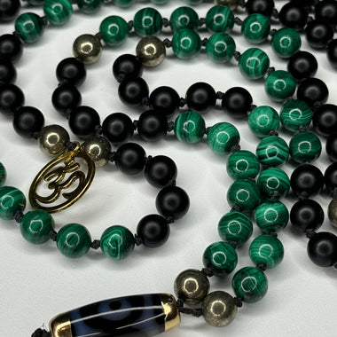 Malachite, Black Onyx & Pyrite Hand Knotted Mala 8mm | 108 Bead | Japa Mala | Prayer Beads | Meditation Necklace| Mantra and Reiki Infused