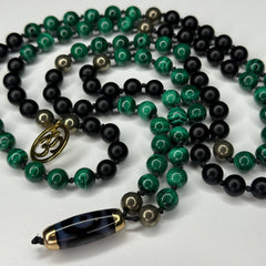 Malachite, Black Onyx & Pyrite Hand Knotted Mala 8mm | 108 Bead | Japa Mala | Prayer Beads | Meditation Necklace| Mantra and Reiki Infused