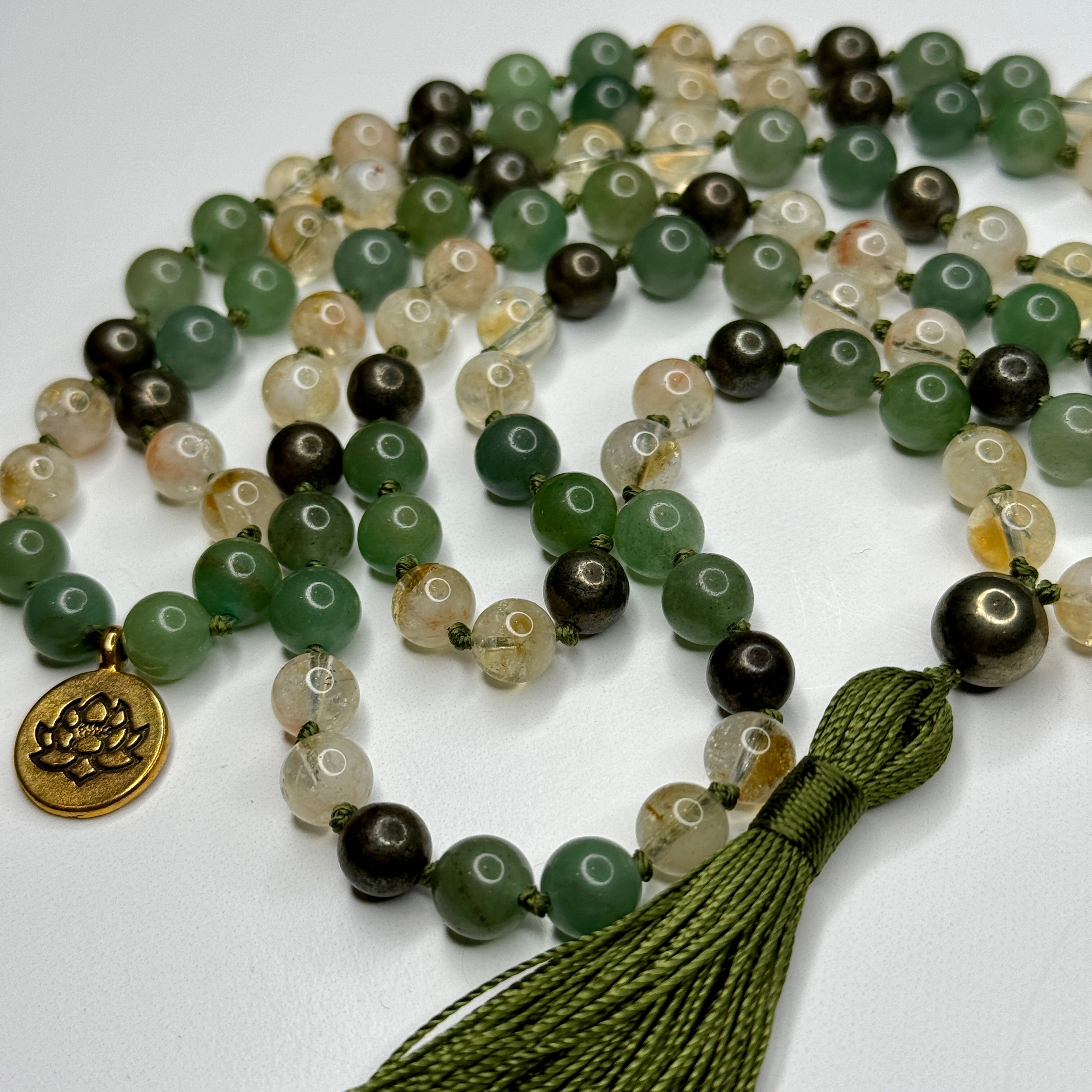 Prosperity Mala (Aventurine, Citrine & Pyrite) 6mm | 108 Bead | Hand Knotted | Mantra | Sound Healing | Reiki Infused
