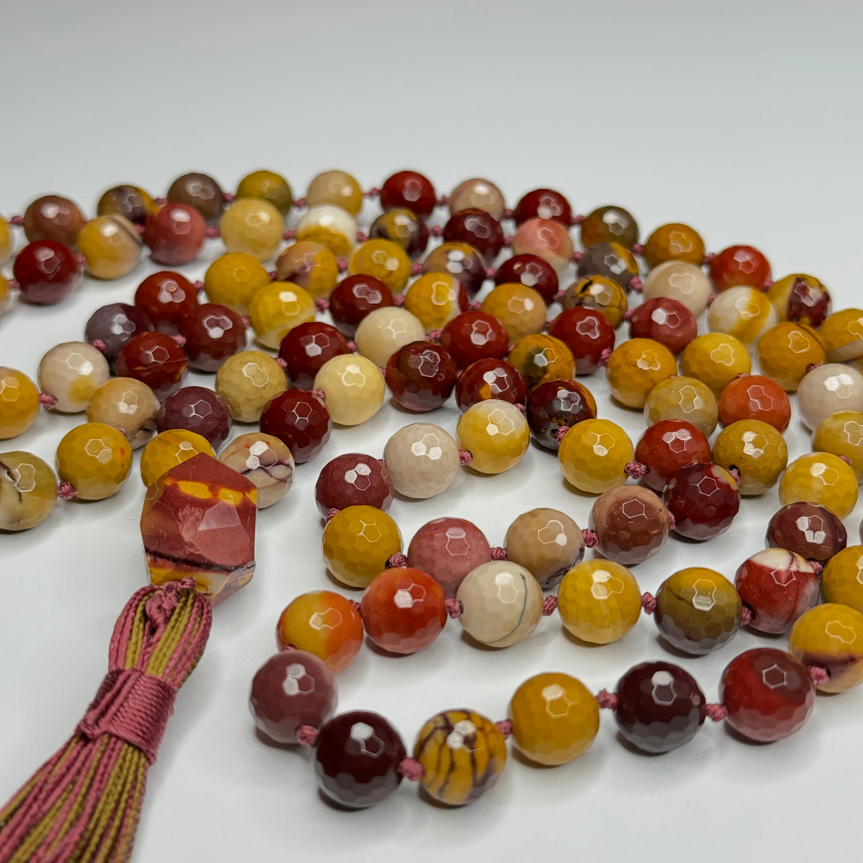 Faceted Mookaite Hand Knotted Mala | 10mm 108 Bead | Prayer Beads | Meditation Necklace | Mantra | Sound Healing |  Reiki Infused