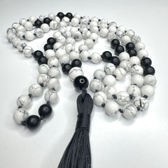 Howlite & Black Onyx Hand Knotted Mala 6mm | 108 Bead | Japa Mala | Prayer Beads | Meditation Necklace | Mantra and Reiki Infused