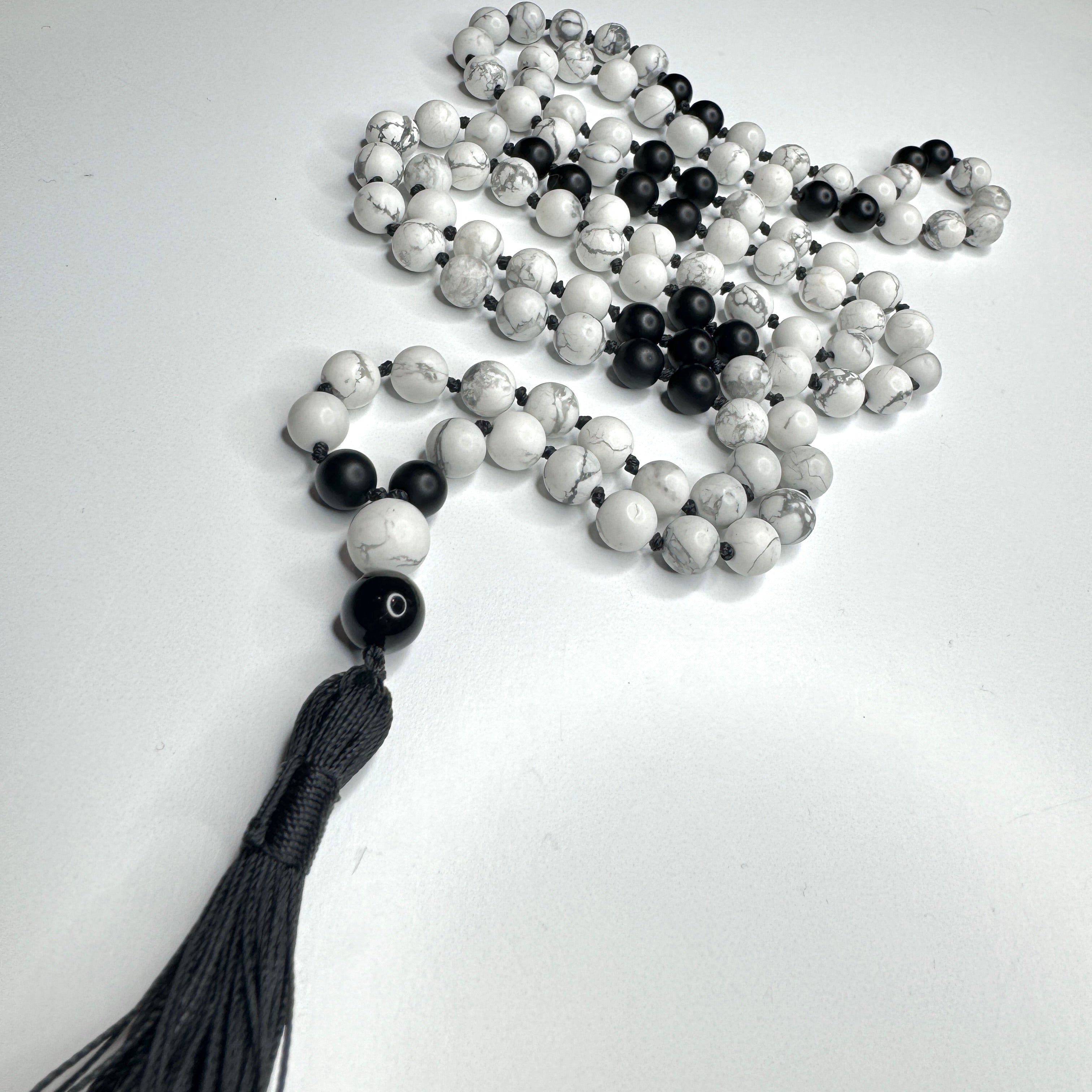 Howlite & Black Onyx Hand Knotted Mala 6mm | 108 Bead | Japa Mala | Prayer Beads | Meditation Necklace | Mantra and Reiki Infused