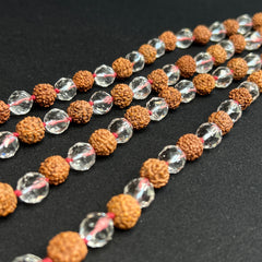 Faceted Clear Quartz Rudraksha Hand Knotted Mala 10mm 108 Bead | Prayer Beads | Meditation Necklace | Mantra, Sound and Reiki Infused