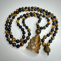 Tigers Eye & Onyx Ganesha Hand Knotted Mala 8mm | 108 Bead | Japa Mala | Prayer Beads | Meditation Necklace | Mantra and Reiki Infused