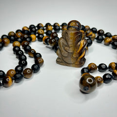 Tigers Eye & Onyx Ganesha Hand Knotted Mala 8mm | 108 Bead | Japa Mala | Prayer Beads | Meditation Necklace | Mantra and Reiki Infused