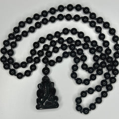 Black Tourmaline & Agate Ganesha Hand Knotted Mala | 8mm 108 Bead | Japa Mala | Prayer Beads |Meditation Necklace | Mantra and Reiki Infused