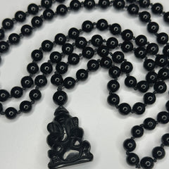 Black Tourmaline & Agate Ganesha Hand Knotted Mala | 8mm 108 Bead | Japa Mala | Prayer Beads |Meditation Necklace | Mantra and Reiki Infused