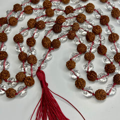 Faceted Clear Quartz Rudraksha Hand Knotted Mala 10mm 108 Bead | Prayer Beads | Meditation Necklace | Mantra, Sound and Reiki Infused