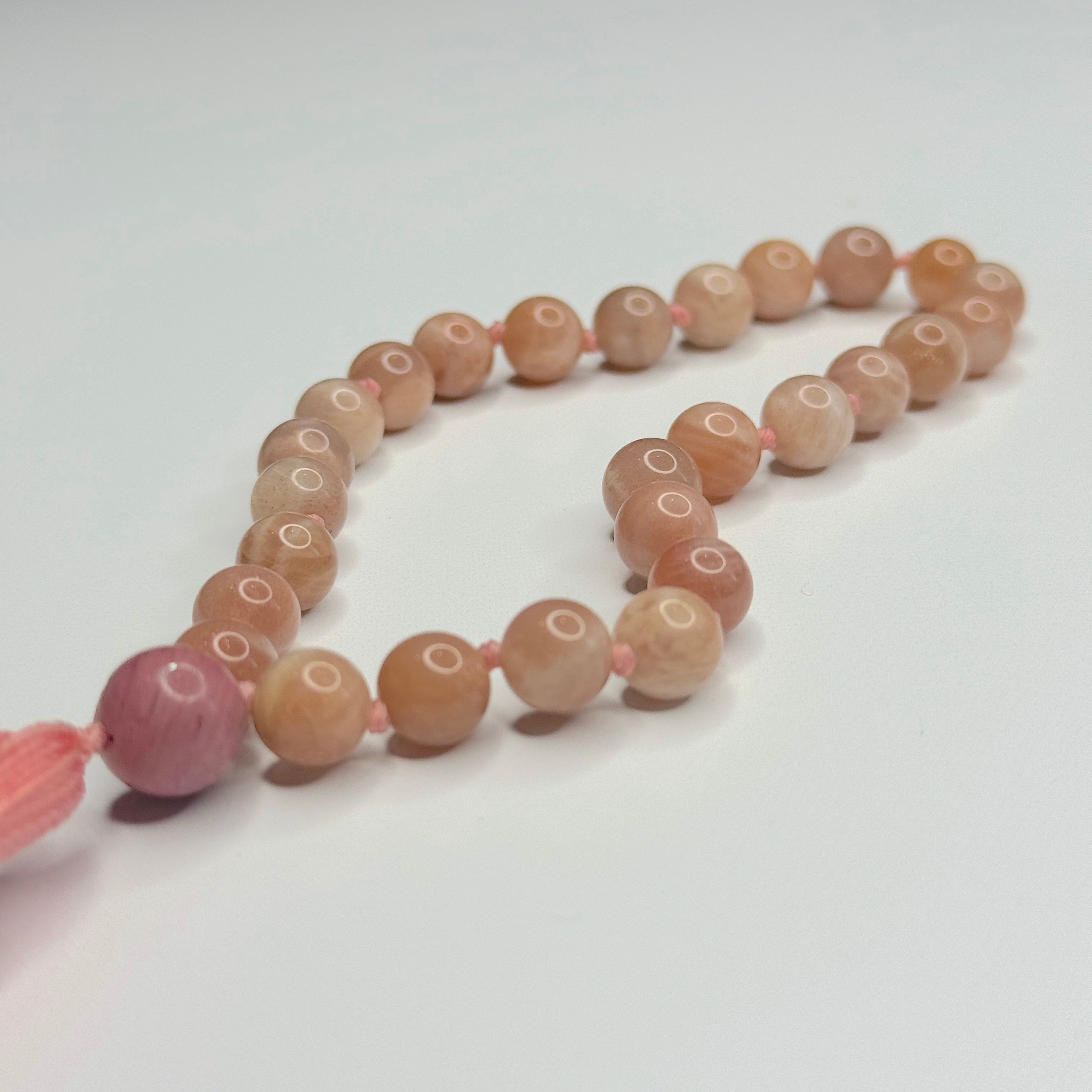 Peach Moonstone Hand Knotted Hand Mala 8mm | 27 Bead | Prayer Bead | Japa Mala | Meditation Bracelet | Mantra and Reiki Infused