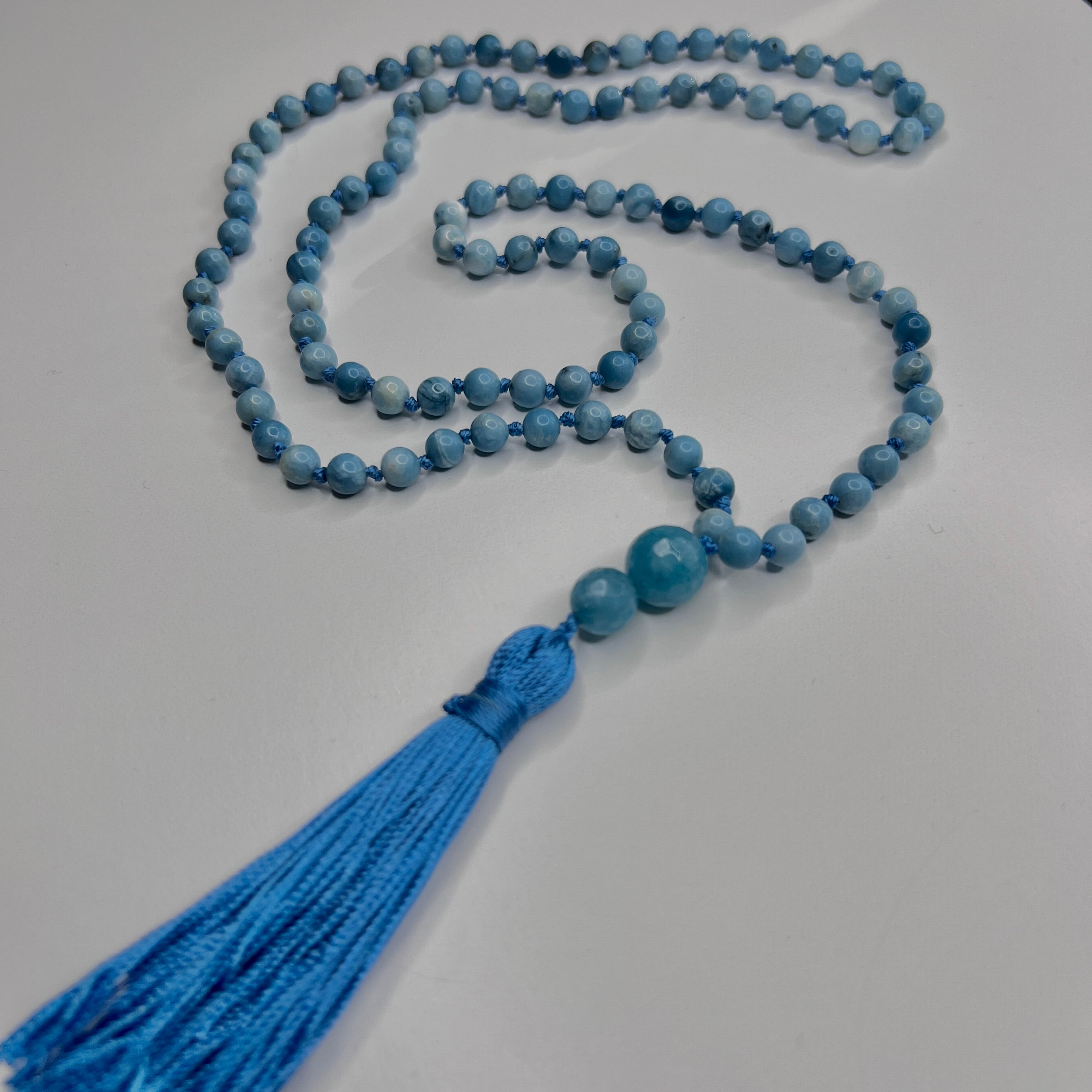 Larimar Angelite Hand Knotted Mala 6mm 108 Beads | Prayer Necklace/Beads | Meditation Necklace | Mantra, Sound Healing & Reiki Infused