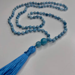 Larimar Angelite Hand Knotted Mala 6mm 108 Beads | Prayer Necklace/Beads | Meditation Necklace | Mantra, Sound Healing & Reiki Infused
