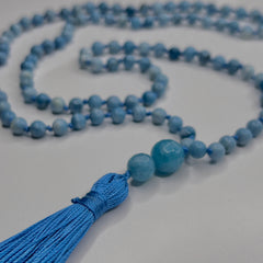 Larimar Angelite Hand Knotted Mala 6mm 108 Beads | Prayer Necklace/Beads | Meditation Necklace | Mantra, Sound Healing & Reiki Infused