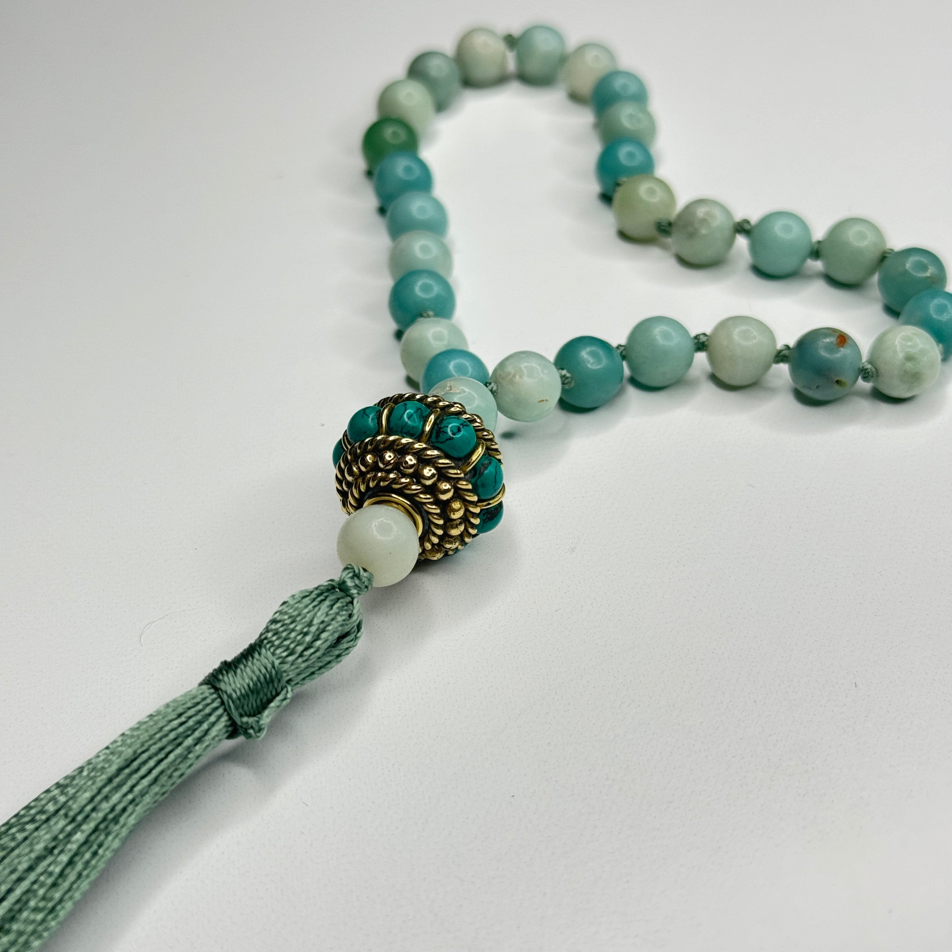 Amazonite Hand Knotted Hand Mala 8mm | 27 Bead | Prayer Bead | Japa Mala | Meditation Bracelet | Mantra and Reiki Infused