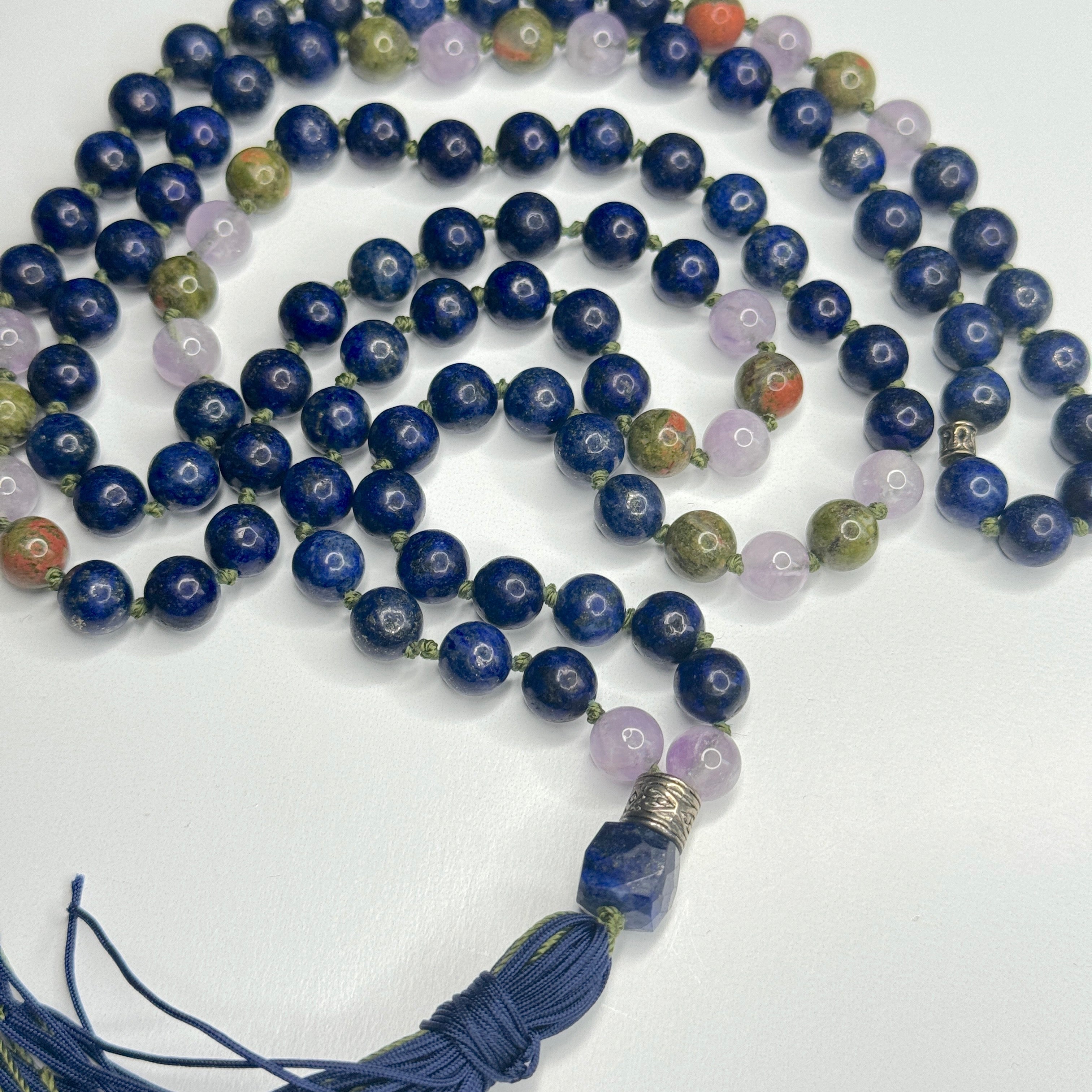 Lapis Lazuli, Unakite & Amethyst Hand Knotted Mala 8mm | 108 Bead | Japa Mala | Prayer Beads | Meditation Necklace | Mantra | Sound Healing | Reiki Infused
