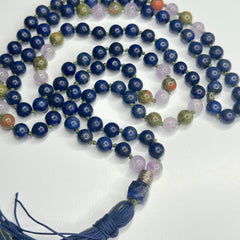 Lapis Lazuli, Unakite & Amethyst Hand Knotted Mala 8mm | 108 Bead | Japa Mala | Prayer Beads | Meditation Necklace | Mantra | Sound Healing | Reiki Infused