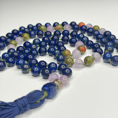 Lapis Lazuli, Unakite & Amethyst Hand Knotted Mala 8mm | 108 Bead | Japa Mala | Prayer Beads | Meditation Necklace | Mantra | Sound Healing | Reiki Infused