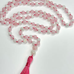 Rose Quartz and Moonstone Hand Knotted Japa Mala, Prayer Beads, Meditation Beads. 8mm 108 Beads. (Pregnancy, Infertility, New Born, & Child Loss)Mantra, Sound Healing & Reiki Infused