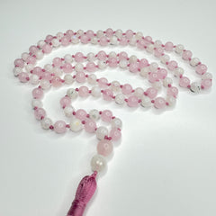 Rose Quartz and Moonstone Hand Knotted Japa Mala, Prayer Beads, Meditation Beads. 8mm 108 Beads. (Pregnancy, Infertility, New Born, & Child Loss)Mantra, Sound Healing & Reiki Infused