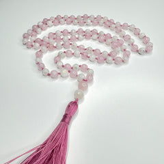 Rose Quartz and Moonstone Hand Knotted Japa Mala, Prayer Beads, Meditation Beads. 8mm 108 Beads. (Pregnancy, Infertility, New Born, & Child Loss)Mantra, Sound Healing & Reiki Infused