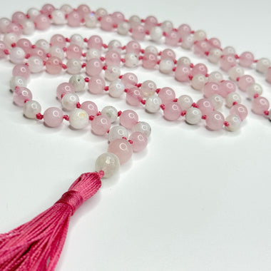 Rose Quartz and Moonstone Hand Knotted Japa Mala, Prayer Beads, Meditation Beads. 8mm 108 Beads. (Pregnancy, Infertility, New Born, & Child Loss)Mantra, Sound Healing & Reiki Infused