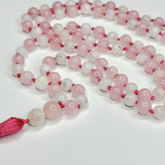 Rose Quartz and Moonstone Hand Knotted Japa Mala, Prayer Beads, Meditation Beads. 8mm 108 Beads. (Pregnancy, Infertility, New Born, & Child Loss)Mantra, Sound Healing & Reiki Infused