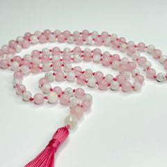 Rose Quartz and Moonstone Hand Knotted Japa Mala, Prayer Beads, Meditation Beads. 8mm 108 Beads. (Pregnancy, Infertility, New Born, & Child Loss)Mantra, Sound Healing & Reiki Infused