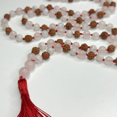 Rudraksha, Rose Quartz & Moonstone Hand Knotted Mala 10mm 108 Bead | Prayer Beads | Meditation Necklace | Mantra, Sound and Reiki Infused