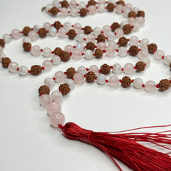 Rudraksha, Rose Quartz & Moonstone Hand Knotted Mala 10mm 108 Bead | Prayer Beads | Meditation Necklace | Mantra, Sound and Reiki Infused