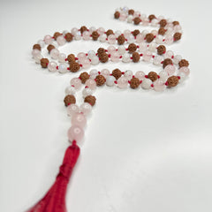 Rudraksha, Rose Quartz & Moonstone Hand Knotted Mala 10mm 108 Bead | Prayer Beads | Meditation Necklace | Mantra, Sound and Reiki Infused
