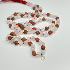 Rudraksha, Rose Quartz & Moonstone Hand Knotted Mala 10mm 108 Bead | Prayer Beads | Meditation Necklace | Mantra, Sound and Reiki Infused